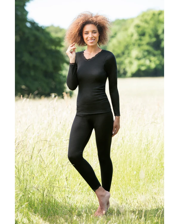 Leggings med spets i 70/30 ekologisk merinoull/silke - Svart