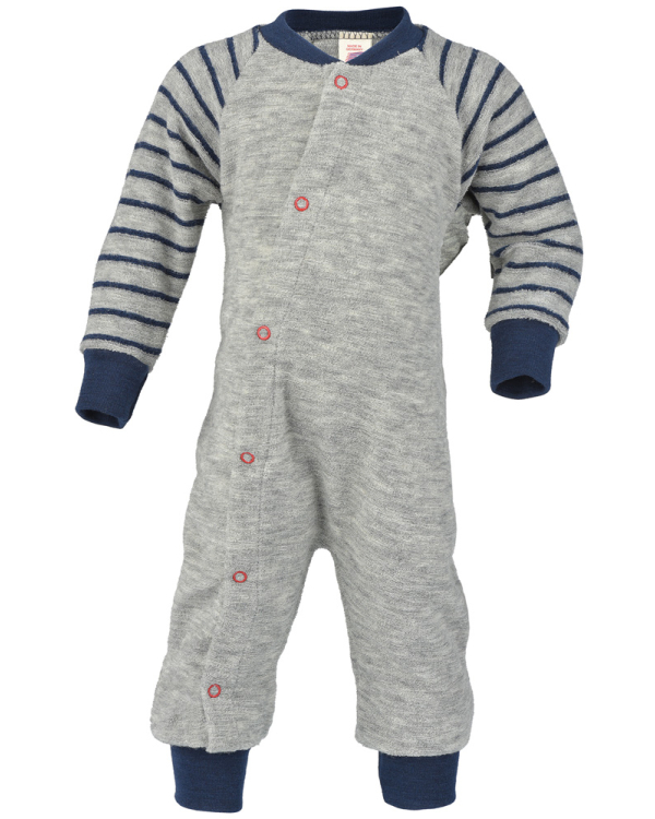 Pyjamas / Lekoverall i 100 % ekologisk ullfrotté - Gråmelerad
