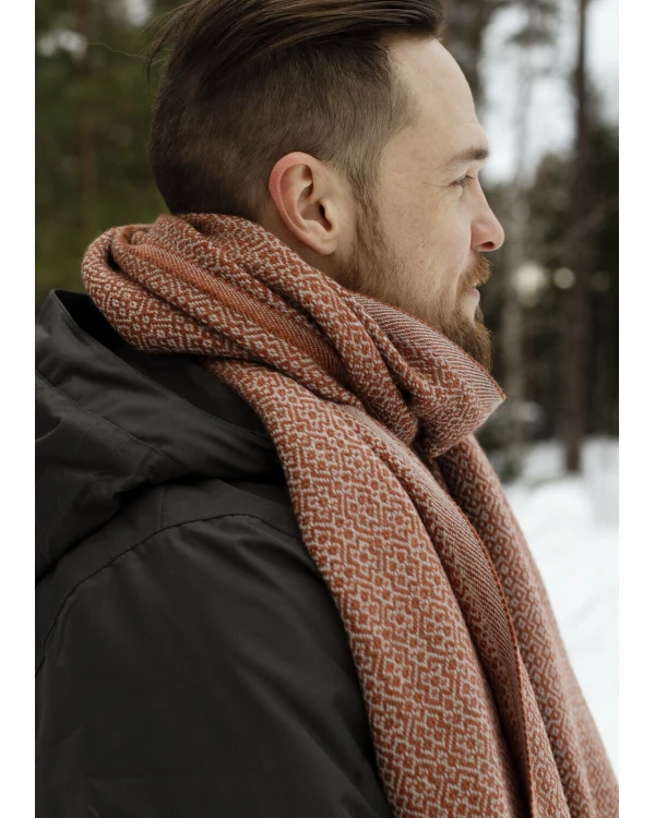 Sjal i 100 % merinoull - 220 cm x 60 cm - Beige/Orange