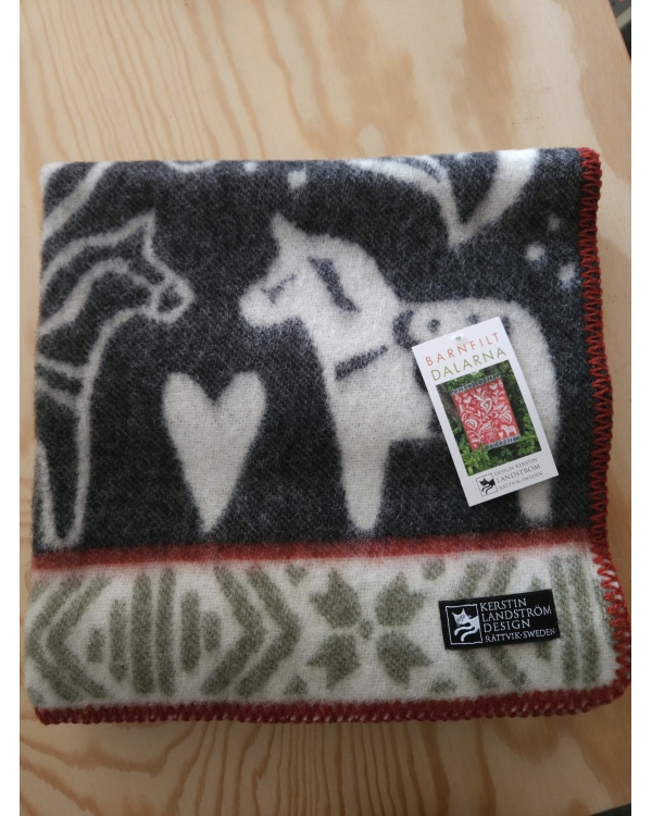 Barnfilt DALARNA - Svart/Röd/Grön - 100 % norsk ekologisk ull