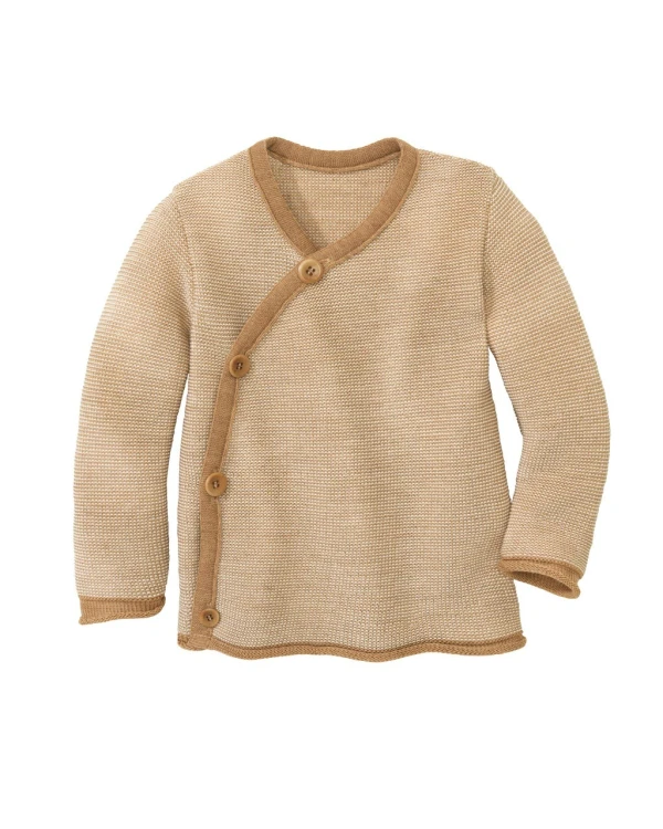 Stickad omlotttröja i 100 % ekologisk merinoull – Melange Jacket – Caramel/Natural - Disana