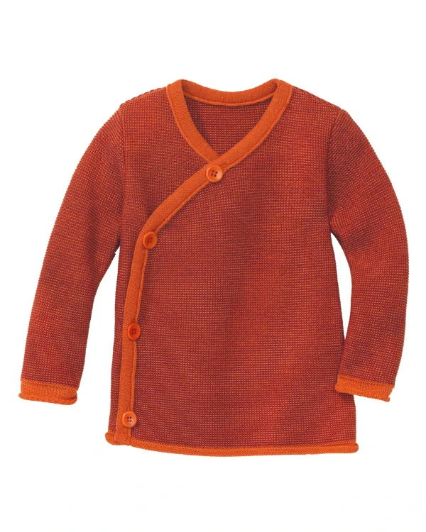 Stickad omlotttröja i 100 % ekologisk merinoull – Melange Jacket – Orange/Cassis - Disana